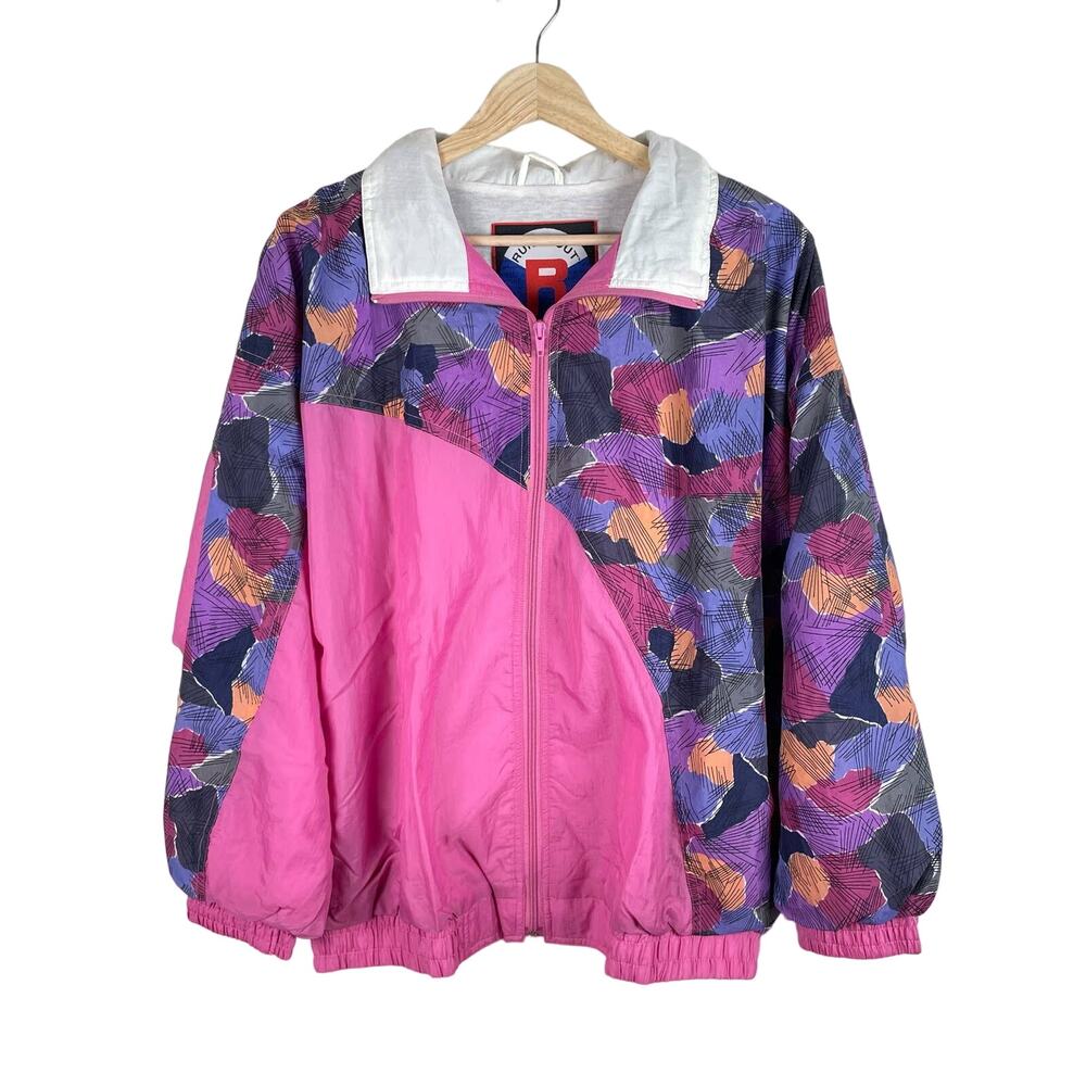 80s Vintage Pink Geometric Windbreaker Jacket Womens L NEW Deadstock Full Zip
